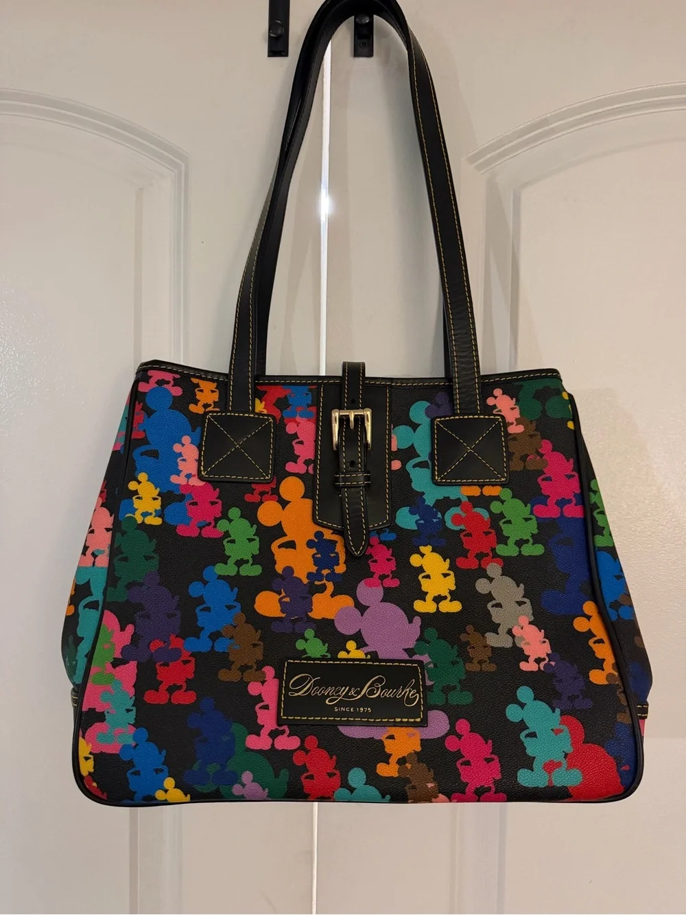 Disney Dooney & Bourke Black Multicolor Mickey Print Tote Purse Black Leather